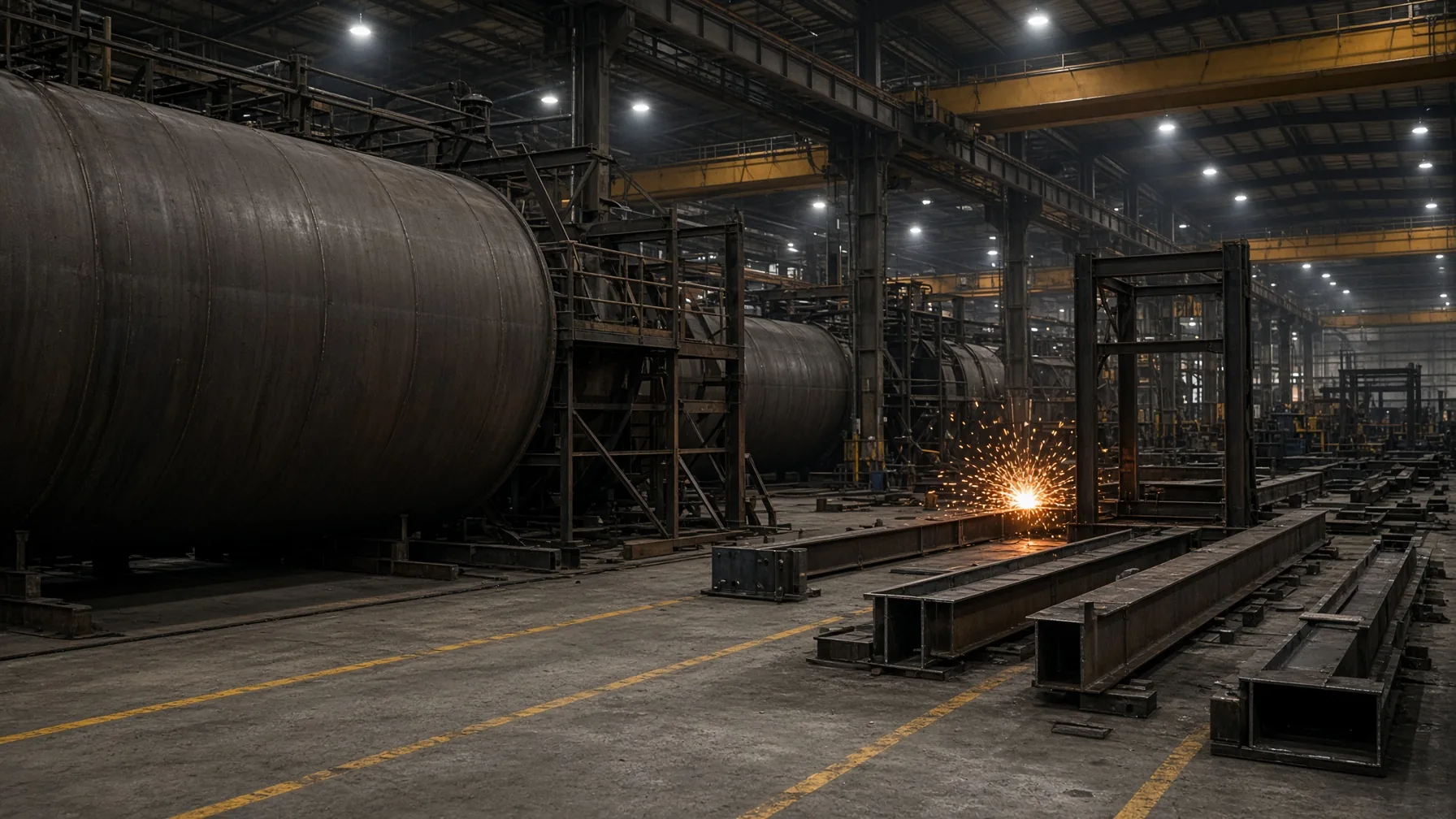 Steel tanks and frames in a heavy fabrication shop