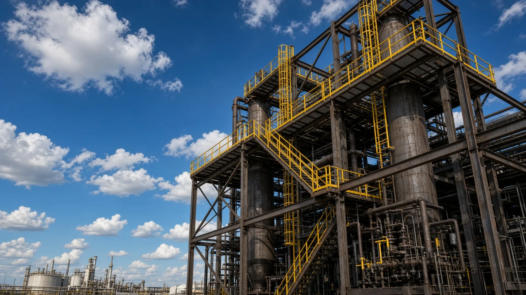 Industrial process structure with yellow safety railings against a blue sky